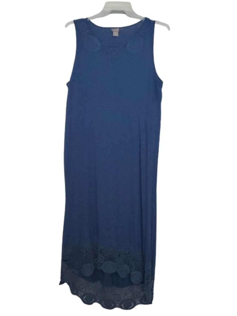 Chico's Crochet Medallion High Low Maxi Dress Size 2 Large 12/14 Blue LinenBlend